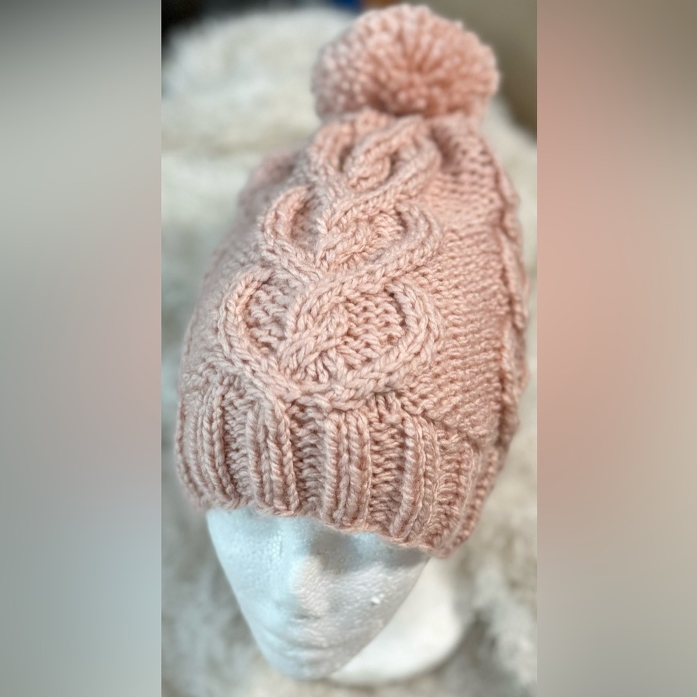 Handmade Hand Crafted Knit Heart to Heart Hat Pink Adult/Teen size - Picture 3 of 5
